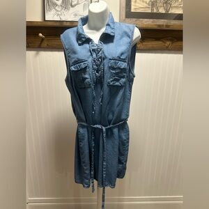 Guess Sleeveless Denim chambray lace up bodice Dress with Belt Sz Xl